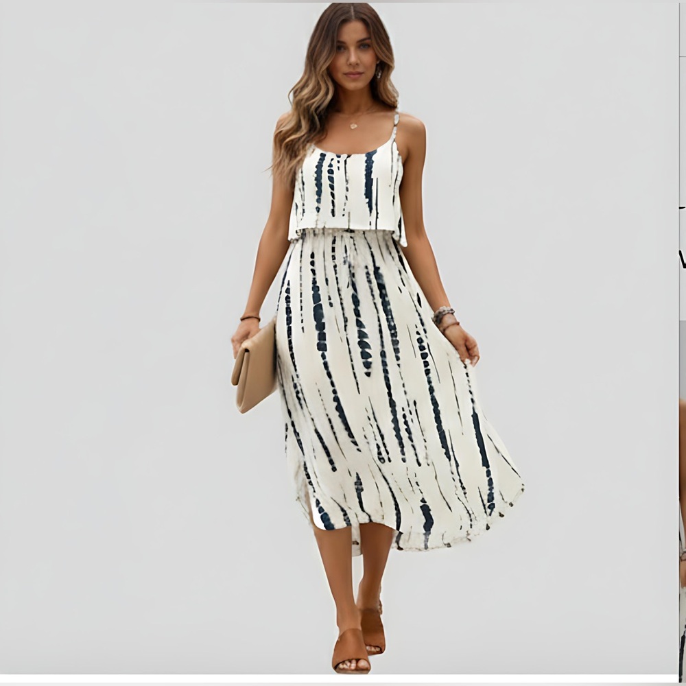 Tie-Dye Strap Slit Dress Beige